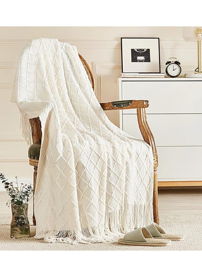 Buy Knitted Throw Blankets, Cozy Lightweight Decorative Throw, Warm Woven Blanket with Tassels for Couch Sofa, Bed and Living Room, All Seasons for Women, Men and Kids (127x172cm, Off White) in Saudi Arabia