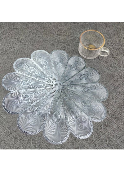 Buy Set Of 6 Round Table Place Mats Silver Flower 15inch, PVC Place Mat Vinyl Hollow Out Heat Insulation Washable Silver Table Mats for Dining Table 40x40CM, Lutes Pattern in Saudi Arabia