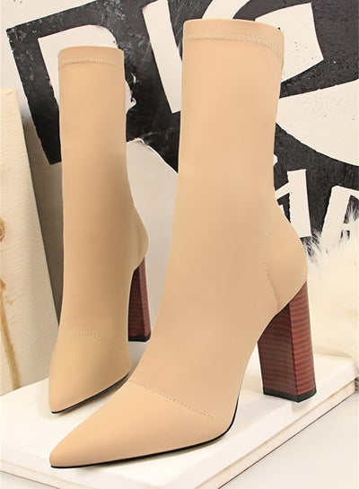 Buy 9.5cm European And American Fashion Simple Wood Grain With Thick Heel Pointed Elastic Lycra Slimming Ankle Boots Beige in Saudi Arabia