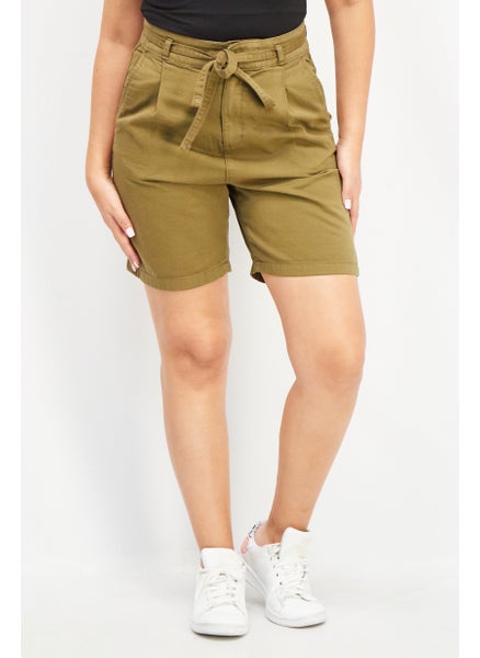 Buy Women Solid Belted Denim Short, Olive in Saudi Arabia