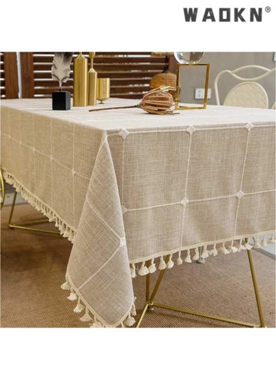 Buy Deep Dream Tablecloths, Embroidered Checkered Table Cloth Cotton Linen Wrinkle Free Anti-Fading Table Cover Decoration for Kitchen Dinning Party Christmas, 55 x 55 Inch - Brown in UAE