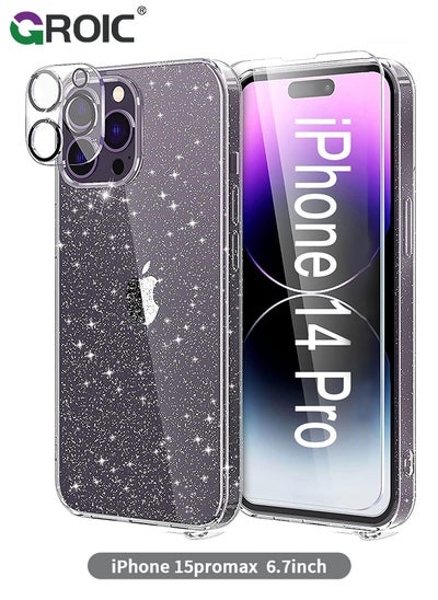 Buy Compatible with iPhone 15 Pro Max Case Glitter, with 3X Screen Protector + 3X Camera Lens Protector,Clear Sparkle Slim Shockproof Phone Shell,Soft TPU Bumper Cover for iPhone 15 Pro Max 6.7 Inch in UAE