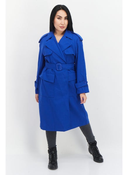 Buy Women Belted Plain Trench Coat, Blue in UAE