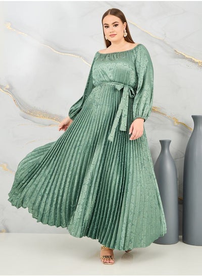 Buy Satin Jacquard Print Pleated Detail Self Tie Up Maxi Dress in Saudi Arabia