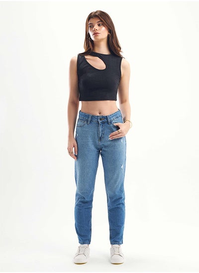 Buy High-Waist Medium Washed Degrade Scratched Mom-Fit Jeans. in Egypt