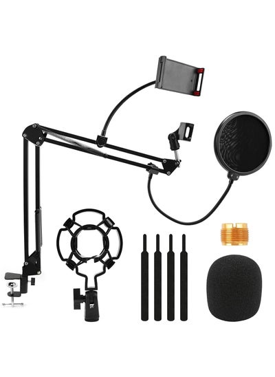 Buy Microphone Stand, Adjustable Suspension Boom Scissor Mic Stand for Recording Equipment with Shock Mount, Mic Clip Holder, Pop Filter, 3/8'' to 5/8'' Adapter, Table Clamp, Mic Cap, Cable Ties in Saudi Arabia