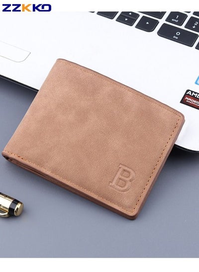 Buy New Fashion Men's High Quality PU Wallet Matte Retro Short Card Holder Multi Card Slots Zipper Coin Purse Brown in Saudi Arabia