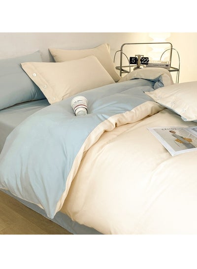 اشتري Bed Cover Set, Soft Luxurious Pure Bedsheet Set, Long-staple Cotton Simple Solid Color Bed Sheet Quilt Cover Bedding Twill Cotton Set, ( Milkshake white + bluebell, 1.5m fitted sheet set of four) في السعودية