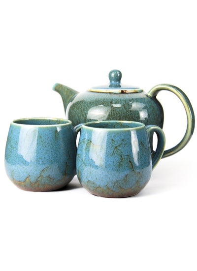 Buy Porcelain BTQ Enus Teapot Set for Home Office Gift Tea Lovers Men Women w/ 2 Cups 1.2L Blue in UAE