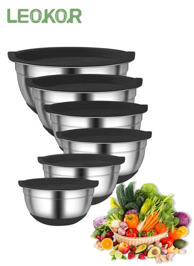 Buy 6 PCS Stainless Steel Mixing Bowls Set with Lids, Salad Dough Baking Bowl, Measurement Marks and Non-Slip Bottoms Nesting Bowls for Home Kitchen Cooking Baking in Saudi Arabia