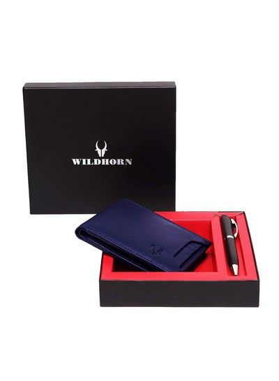 Buy Men Blue Genuine Leather Wallet Gift Set Combo in UAE