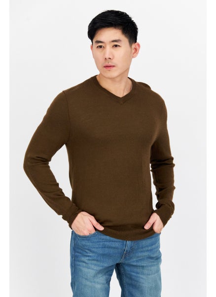 Buy Men V-Neck Long Sleeves Knit Sweater, Dark Brown in Saudi Arabia