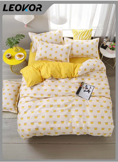 Buy 4-Piece Little Crown Printed Design Duvet Cover Set Cottonl White/Yellow 200x230cm in Saudi Arabia