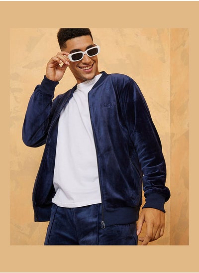 Buy Baseball Collar Velour Bomber Jacket with Embroidered Detail in Saudi Arabia