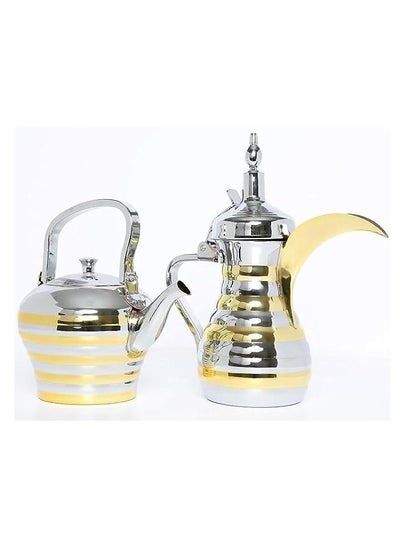 Buy A thinner set for tea and coffee made of stainless steel with a capacity of 1.2 liter coffee pot and 1.6 liter tea pot - a set of tea pot and Arabic coffee pot in chrome and gold (silver and gold) in Saudi Arabia