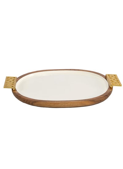 اشتري Damask Small Wooden Oval Tray, White & Gold - 47x30 cm في الامارات