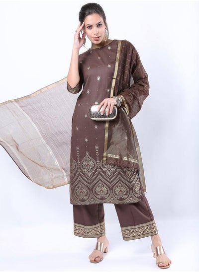 Buy Foil Print Straight Kurta  and Palazzo with Dupatta Set in Saudi Arabia