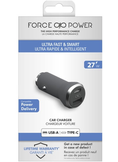 اشتري Force Power Dual 27W USB A & C PD Power Delivery Car Charger Lifetime Warranty Gray في الامارات