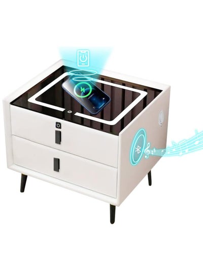 Buy Nightstand with Fingerprint Lock Drawer Smart Multifunctional Table with Wireless charging Bluetooth Speaker Storage Cabinet with Adjustable Led Light for Bedroom Living Room (White) in Saudi Arabia