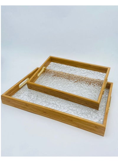 Buy 2-Piece Advanced Wavy Rectangular Serving Tray Set Clear/Wooden in Saudi Arabia