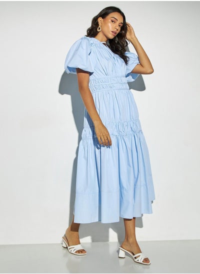 Buy 2Xtremz Solid Tiered Dress with Balloon Sleeves and Pleat Detail in Saudi Arabia