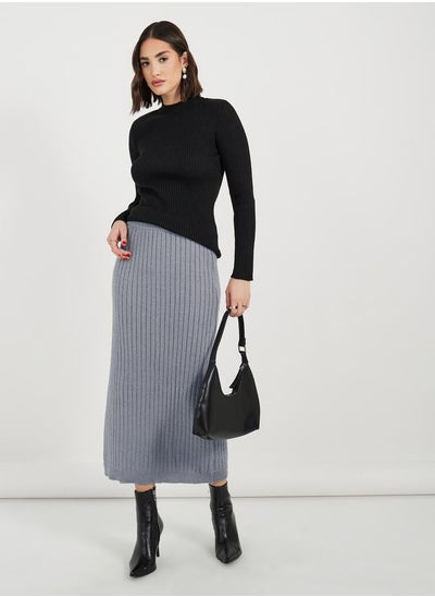 Buy Ribbed Knit Midi Skirt with Side Slit in Saudi Arabia