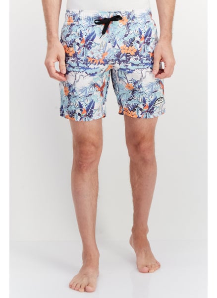 Buy Men Drawstring All Over Printed Board Shorts, White/Blue Combo in UAE