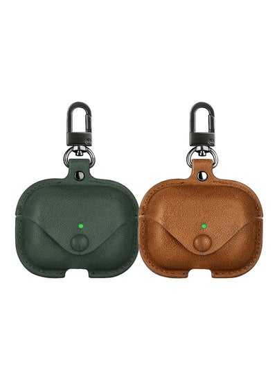 اشتري YOMNA Protective Leather Case Compatible with AirPods Pro 2 Case, Wireless Charging Case Headphones EarPods, Soft Leather Cover with Carabiner Clip (Dark Green/Brown) - (Set of 2) في الامارات