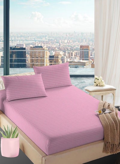 Buy Faded Pink Striped King Bed Sheet Sets Cotton 3 Piece Set Deep Pocket 200x200+35cm in UAE