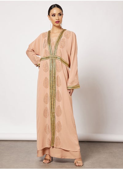 Buy Jersey Abaya With Contrasting Panel And Front Embroidery in Saudi Arabia