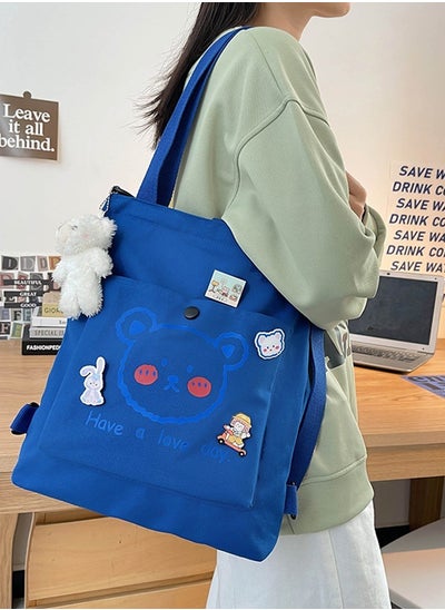 اشتري Lovely Bear Printed Canvas Bag Large Capacity Casual Student Backpack Multifunction Tote Bag School Bag with Cartoon Pendant Blue for Middle High School Students في الامارات