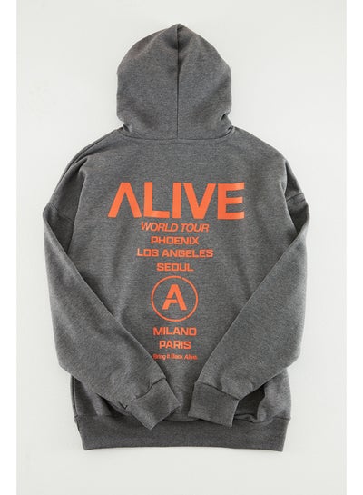Buy Anthracite Melange Men's Oversized Hooded Sweatshirt with text and print on the back. in Egypt