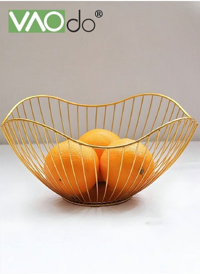 اشتري Gold Hollowed Out Fruit Basket Iron Lotus Leaf Drain Basket Simple Large Capacity Kitchen Storage With Anti-skid Bottom Big في الامارات