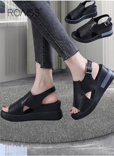 Buy Thick Bottom Wedge Sandals Women's New Summer High-Heeled Fish Mouth Women's Shoes Soft Leather Buckle Open Toe Raised Platform Shoes in UAE