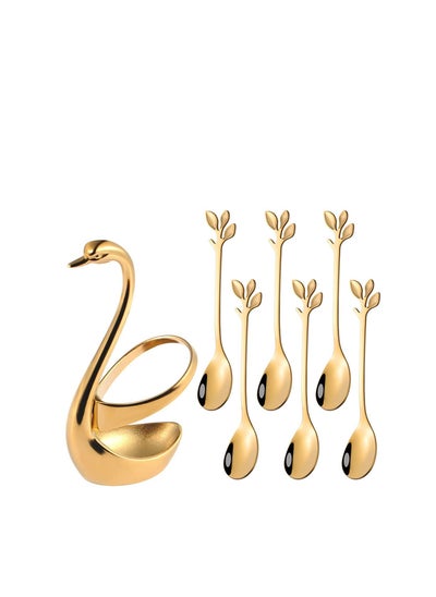 Buy Decorative Swan Base Holder With 6pcs Coffee Spoon Set - Creative Gold Leaf Dessert Spoons - Premium Food Grade Stainless Steel - Mirror Finish (Gold Swan Base Holder+6pcs Spoons) in UAE