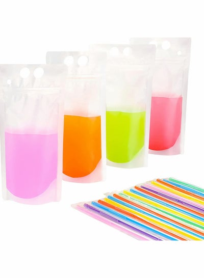 Buy 50 PCS Stand-Up Plastic Drink Pouches Bags with 50 Drink Straws, Heavy Duty Hand-Held Translucent Reclosable Ice Drink Pouches Bag, Non-Toxic, for Smoothie, Cold and Hot Drinks, Party Beverage Bags in Saudi Arabia