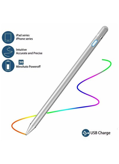 اشتري Universal Active Stylus Pen Silver 1.5mm fine Tip Digital Stylus Pen Compatible with Apple iPad iPhone Samsung Tablets, on iOS and Android Capacitive Touchscreens - Silver في الامارات