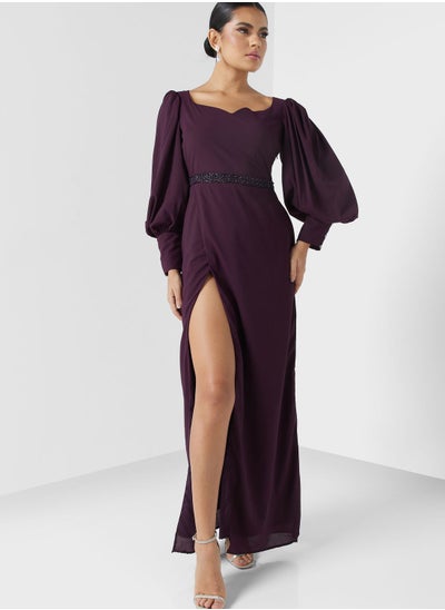 Buy Puff Sleeve Shift Dress With Slit in Saudi Arabia