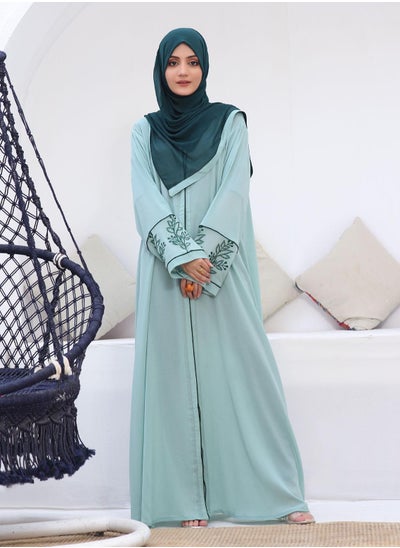 Buy Front Open Style Abaya Chiffon Fabric Mint Green Color Embroidery on Sleeves Sheila is Included in Saudi Arabia