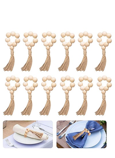 اشتري Napkin Rings Set of 12, Handmade Wood Bead Napkin Holder Ring with Rope Tassel Tabletop Decor for Dinning Table Setting, Party, Wedding, Family Gatherings في الامارات