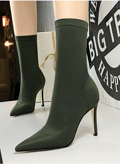 Buy Women'sStretch Pointed Toe Sock Booties  Mid-Calf Ankle Boot 10 CM Stiletto  High Heel Boots Blackish Green in Saudi Arabia