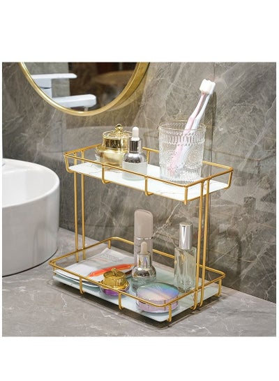 Buy 2-Tier Metal Countertop Bathroom Organizer Rack and Cosmetic Countertop Storage Shelf with Removable Marble Glass Tray in Saudi Arabia