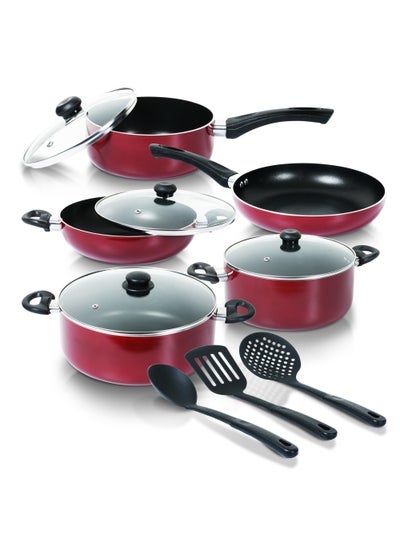 Buy 12-Piece Cookware Set, Aluminium, Non-Stick Surface, Tempered Glass Lids- Kadai Pan- Milk Pan- Casserole With Lid- 3 Nylon Spatula- PFOA Free - High Temperature Resistant Exterior Coating-ACS12M in Saudi Arabia