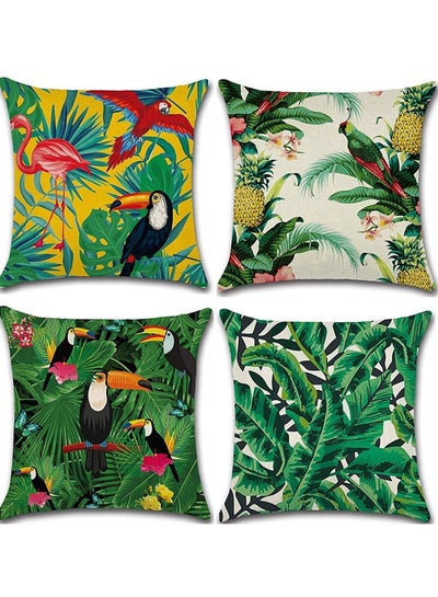 اشتري Throw Pillow Covers Green Cushion Covers Leaf, Tropical linen pillow covers with flamingo, Pack of 4 square jungle throw pillowcase, For sofa, couch, bedroom outdoor cushions 45 cm x 45 cm في السعودية
