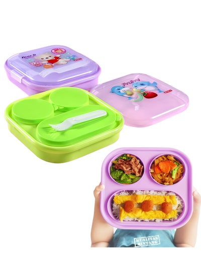 Buy Kids Bento Lunch Box with 3 Compartment Dishware Safe Leakproof BPA Free | Lunch Box For School Kids Assorted Color in UAE