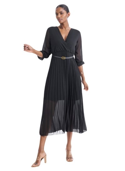 اشتري Stylish Black Pleated Dress with Belt في الامارات