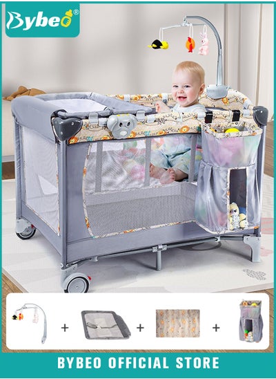 Buy 4-in-1 Baby Crib, Babies Bed and Bassinet with Changing Table, Adjustable Travel Cribs and Nursery Center, Portable Playard with Comfortable Mattress, Large Capacity Storage Shelf and Toys in Saudi Arabia