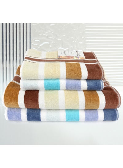 Buy 4 Piece Bathroom Towel Set JEWELS 500 GSM 100% Cotton Velour 2 Bath Towel 70X140 cm & 2 Hand Towel 50x90 cm Blue & Brown Color Modern Stripe Design Luxury Touch Extra Absorbent in UAE