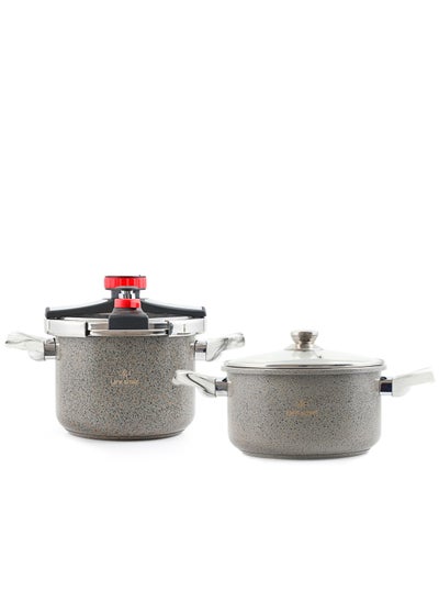 Buy Indcution Granite Coated Pressure Cooker Set 7Liter + 5Liter Easy Open 18/10 Stainless Steel with Glass Lid and Extra Silicone - Suitable for all kinds of Stoves (For 10-12 People) in UAE