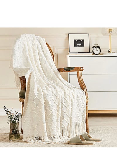 Buy Knitted Throw Blankets for Couch and Bed, Soft Cozy Knit Blanket with Tassel, Off White Lightweight Decorative Blankets and Throws, Farmhouse Warm Woven Blanket (white, 50"x60") in Saudi Arabia